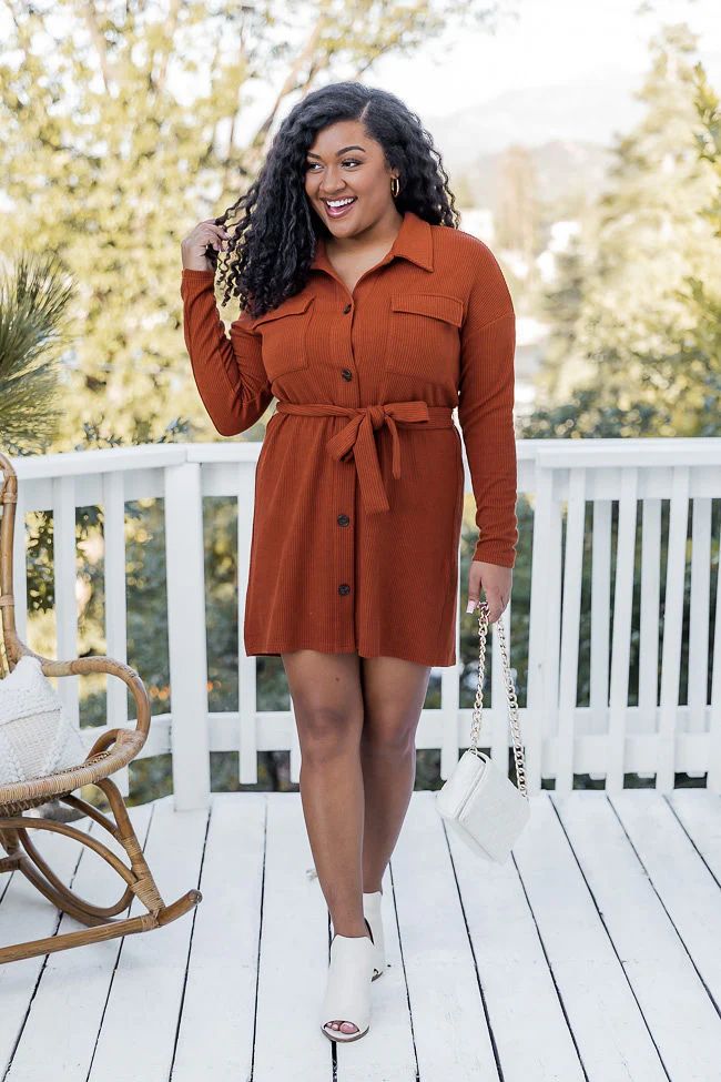 Ever Since You Rust Ribbed Knit Belted Shirt Dress | Pink Lily