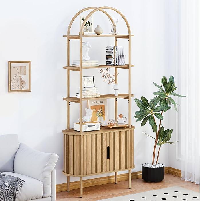 Turtle&Myrtle Tall Arched Bookshelf, Mid Century Modern Fluted Bookcase Cabinet with Sliding Door... | Amazon (US)
