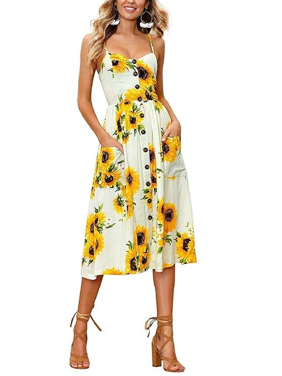 SWQZVT Women's Dress Summer Spaghetti Strap Sundress Casual Floral Midi Backless Button Up Swing ... | Amazon (US)
