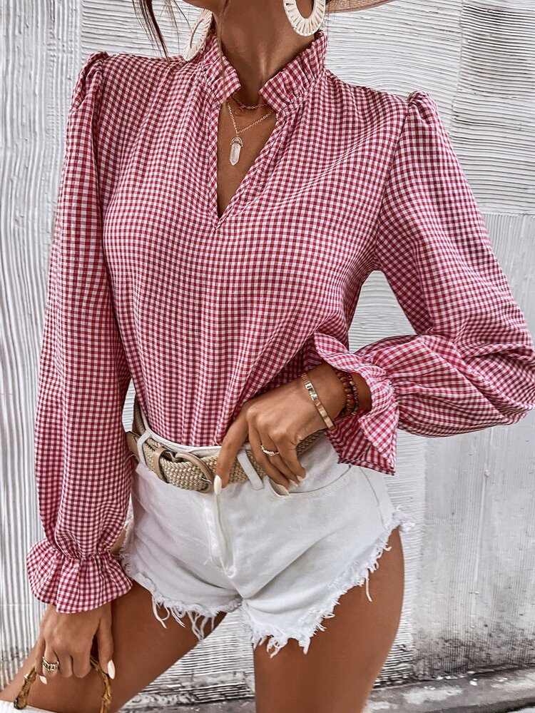 SHEIN Frenchy Gingham Flounce Sleeve Frilled Neck Blouse | SHEIN
