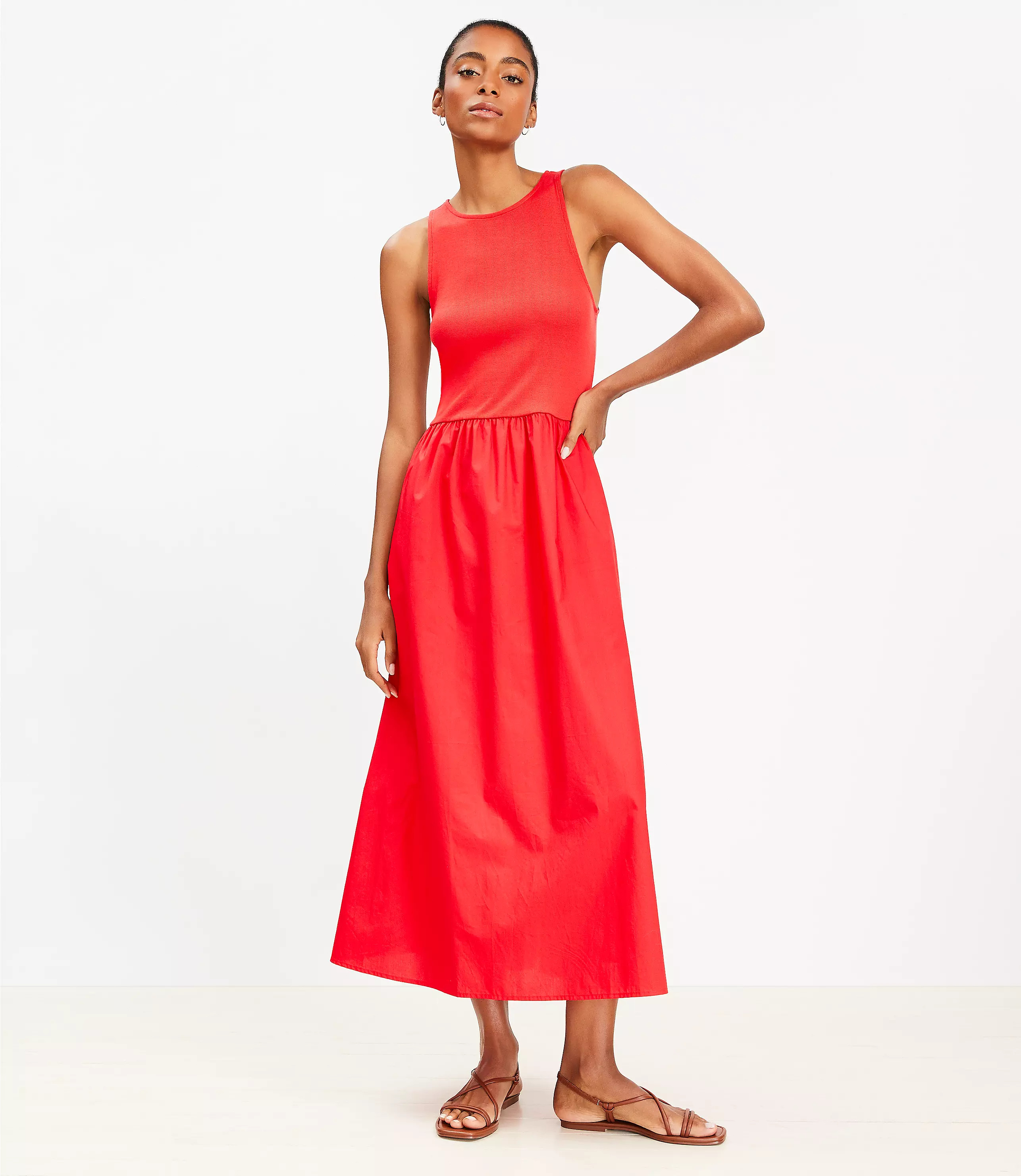 Poplin Mixed Media Midi Pocket Dress | LOFT