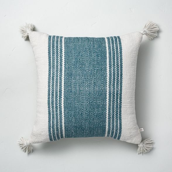 18" x 18" Wide Center Stripe Indoor/Outdoor Throw Pillow Blue/Sour Cream - Hearth & Hand™ with ... | Target