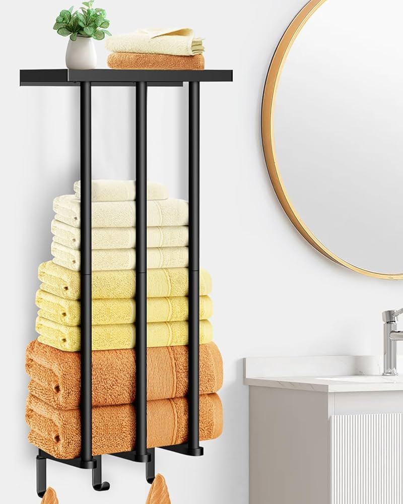 Kayfia Towel Storage, Towel Racks for Bathroom Wall Mounted with Metal Shelf & 3 Hooks, Upgrade 3... | Amazon (US)
