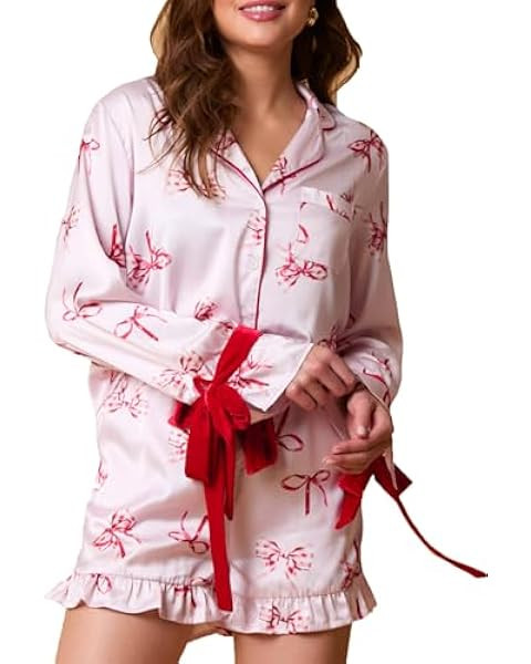 Women Christmas Y2k Pajamas Bow Tie Long Sleeve Shirt and Ruffle Shorts Cute 2 Piece Xmas Print S... | Amazon (US)
