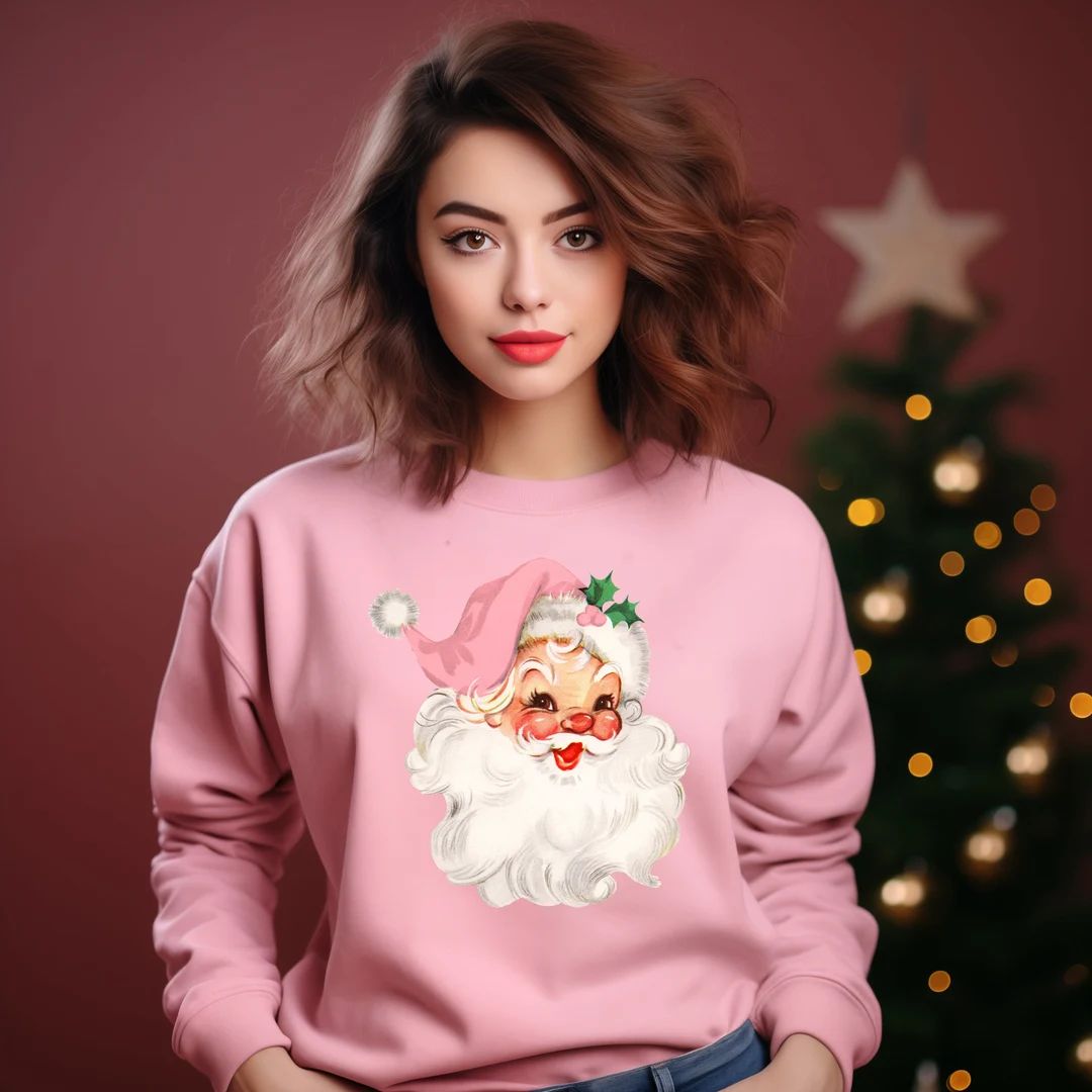 Pink Christmas Santa Sweatshirt Retro Pink Santa Hat Sweater - Etsy | Etsy (US)
