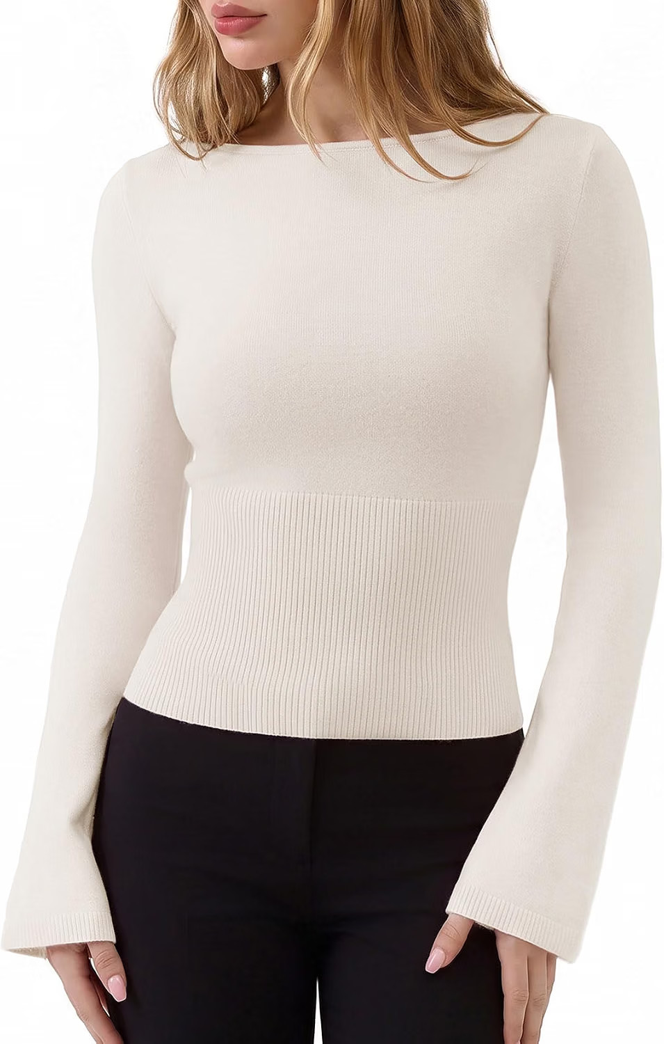 SUUKSESS Cashmere Blend Cinched Waist Tops Boat Neck Bell Sleeve Sweaters | Amazon (US)