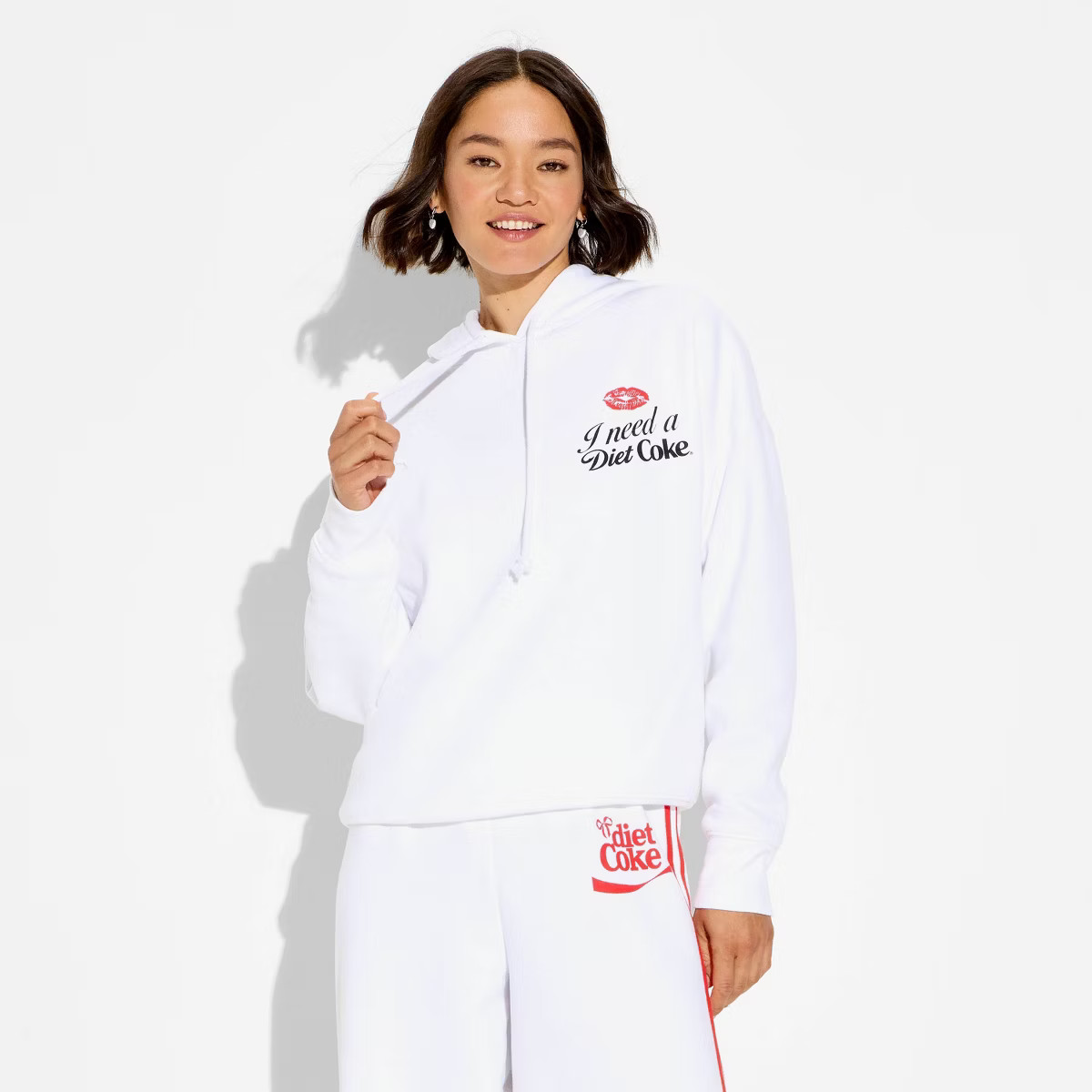 Women's Diet Coke Check Fleece Graphic Hooded Pullover Sweatshirt - White | Target