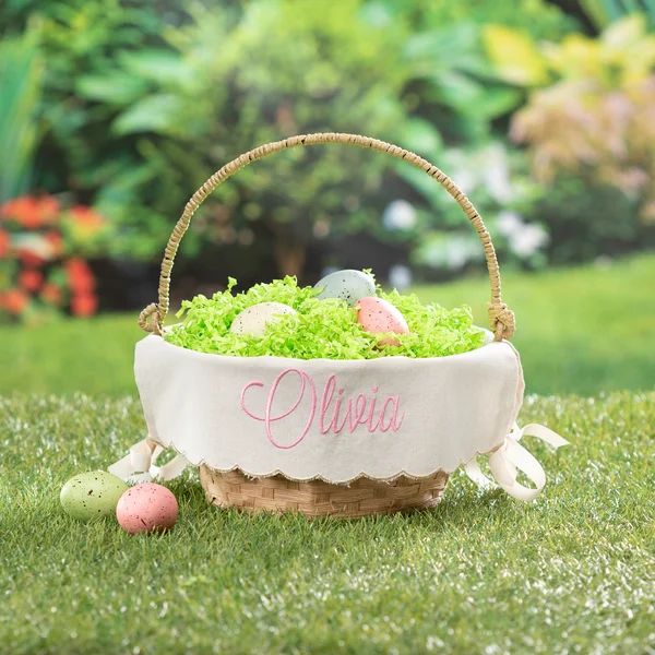 Brown Burlap Lined Easter Basket With Custom Name Embroidered In Taupe Thread On White Woven Bask... | Wayfair North America
