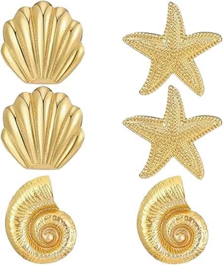 3 Pairs 14K Gold Beach Earrings for Women – Starfish, Conch & Seashell Stud Earring Set, Summer... | Amazon (US)