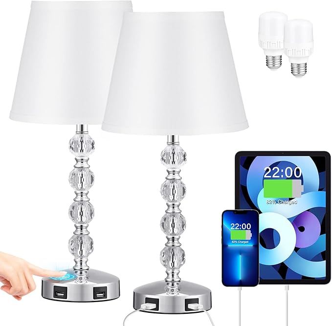 Crystal Lamp for Bedroom Set of 2 - Acaxin Silver Bedside Table Lamps Touch Control Nightstand La... | Amazon (US)