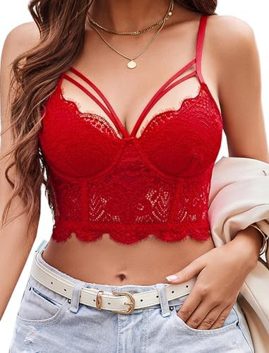 Avidlove Lace Bralette for Women V Neck Camisoles Adjustable Strap Two Layer Crop Top Bustier Top... | Amazon (US)