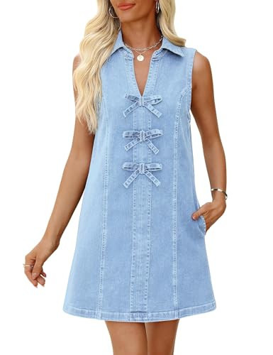 POTILI Denim Dress for Women Sleeveless Jean Dress V Neck A Line Bow Tie Front Casual Mini Dresses with Pockets 2025 Light Blue | Amazon (US)