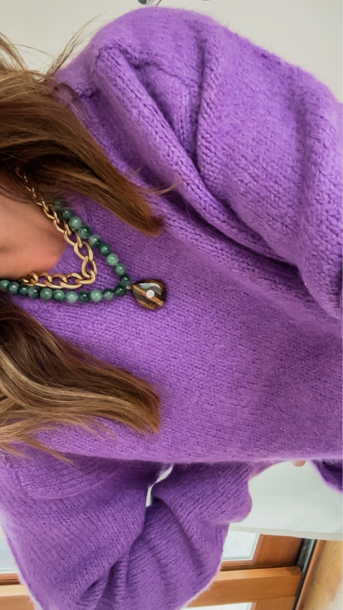 NEW necklace details. 
Jade with tigers eye here. Variety of color options!
Small sweater

#LTKootd #LTKmomlife #LTKSeasonal