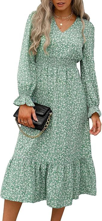PRETTYGARDEN Women's Casual Long Sleeve Midi Fall Dress Boho Pleated V Neck Ruffled Vintage Flora... | Amazon (US)