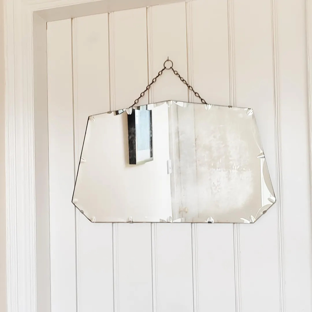 30's Art Deco Distressed Wall Mirror Vintage Misty Beauty Frameless Scallop Bevel Edge Tapered To... | Etsy (US)