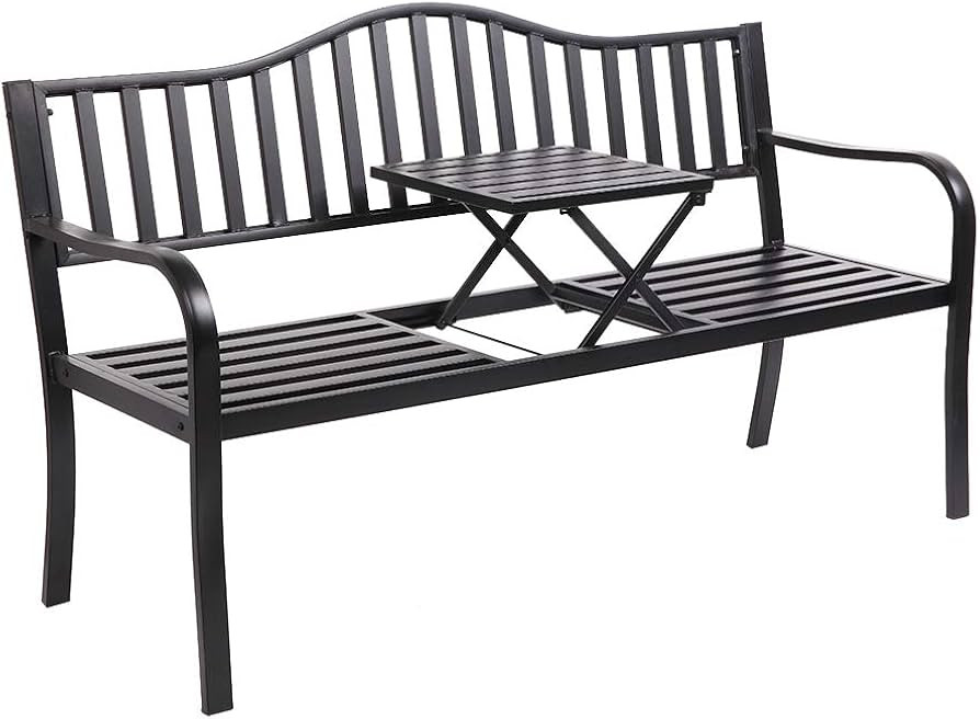 VINGLI 59" Outdoor Metal Bench Patio Bench with Built in Table Park Bench Garden Bench, Outside B... | Amazon (US)