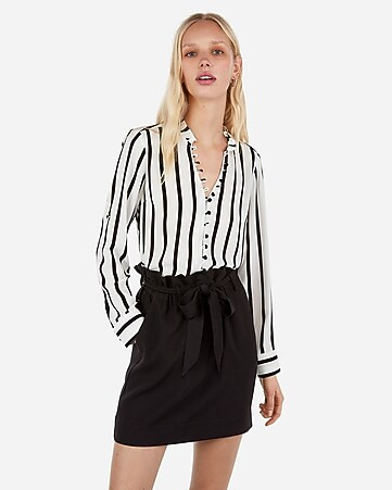 Petite Slim Fit Striped Ruffle Collar Portofino Shirt | Express