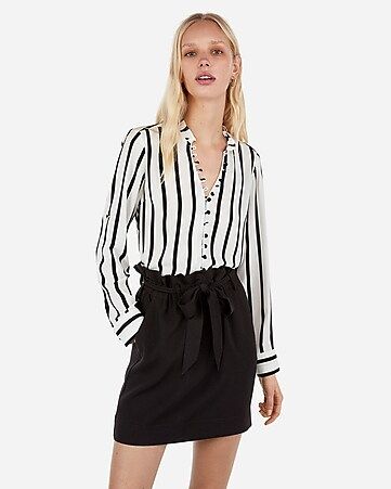 petite slim fit striped ruffle collar portofino shirt | Express