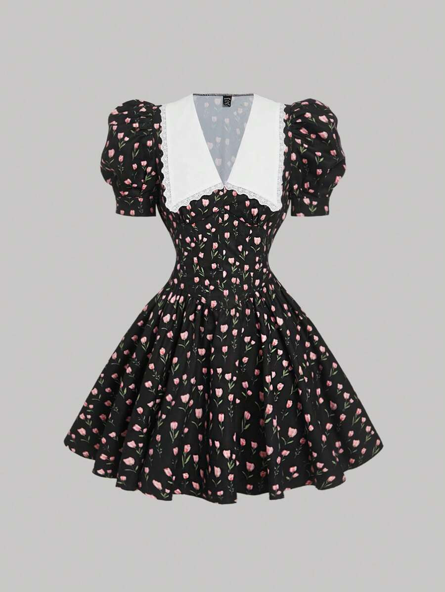 SHEIN MOD Women's Collared Gigot Sleeve Ditsy Floral Dress,Pink And Black,Summer,Cute,Dates,Vinta... | SHEIN