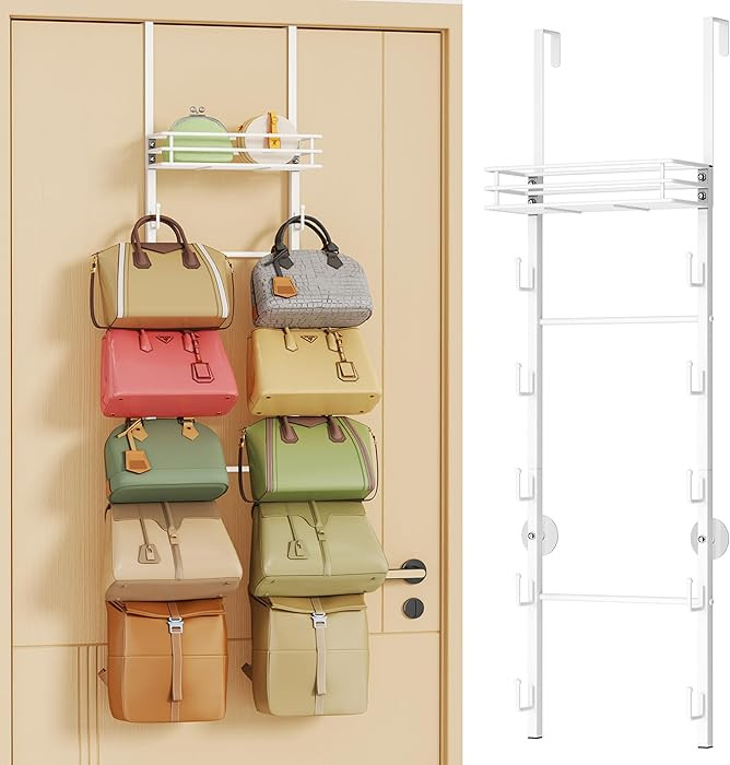 HapiRm Over the Door Purse Organizer - Wall Mounted Purse Rack with 10 Hooks and Metal Basket, Ha... | Amazon (US)