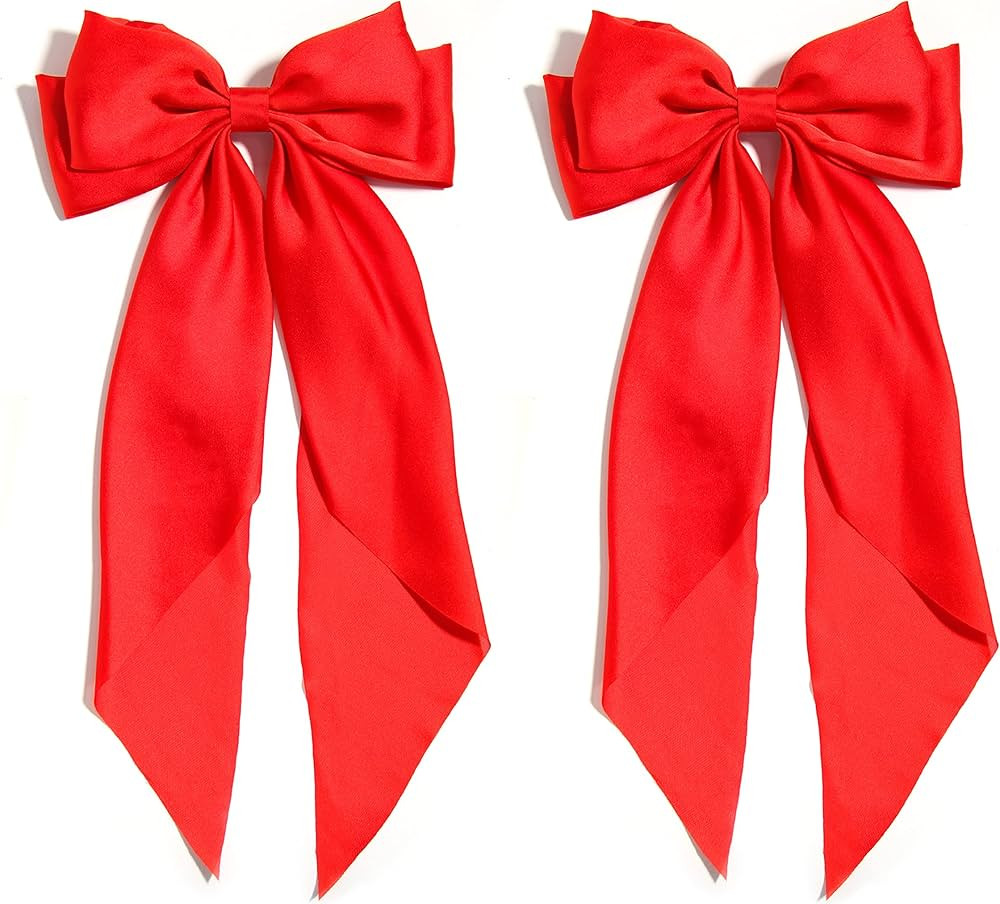 Furling Pompoms Hair Bows for Women,Large Satin Silky Red Hair Bow Clips Ribbon Long Tail French ... | Amazon (US)