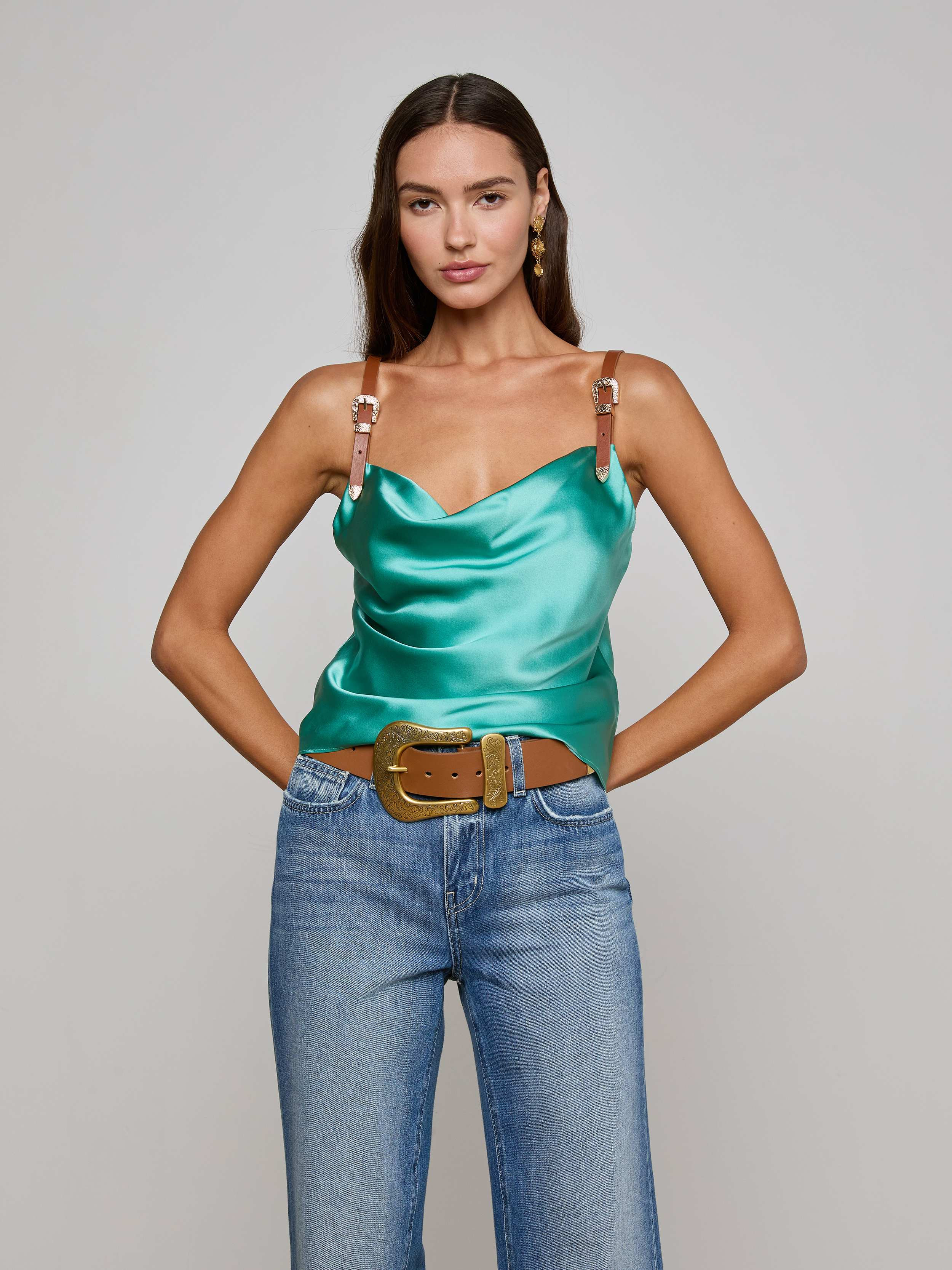 L'AGENCE - Lux Silk Buckle-Strap Camisole in Sage Lagoon | L'Agence