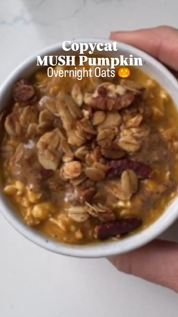 Yes, you can make TJ’s or MUSH Pumpkin Overnight Oats at home! 🎃

Here’s how:
⅓ cup rolled oats
1 pitted medjool date (about 23 grams)
⅔ cup water
3 Tablespoons pumpkin puree
½ Tablespoon almond butter
¼ teaspoon cinnamon
⅛ teaspoon salt
Pinch of nutmeg

1️⃣ Combine medjool date, pumpkin, water, almond butter, cinnamon, nutmeg and sea salt in a high powered blender and blend until combined.
2️⃣ Add oats to a container, pour pumpkin mixture on top, stir to combine. Place in the fridge overnight.
3️⃣ The next morning (or when ready to eat), remove lid and give oats a big stir. If they seem too thick you can add a little more milk to loosen the mixture. Add any toppings you’d like and enjoy!

#overnightoats #mushovernightoats #pumpkinovernightoats #pumpkinoats #pumpkinpieovernightoats #pumpkinrecipes #healthypumpkinrecipes #overnightoatsrecipe #pumpkinseason

#LTKHome #LTKVideo #LTKSeasonal