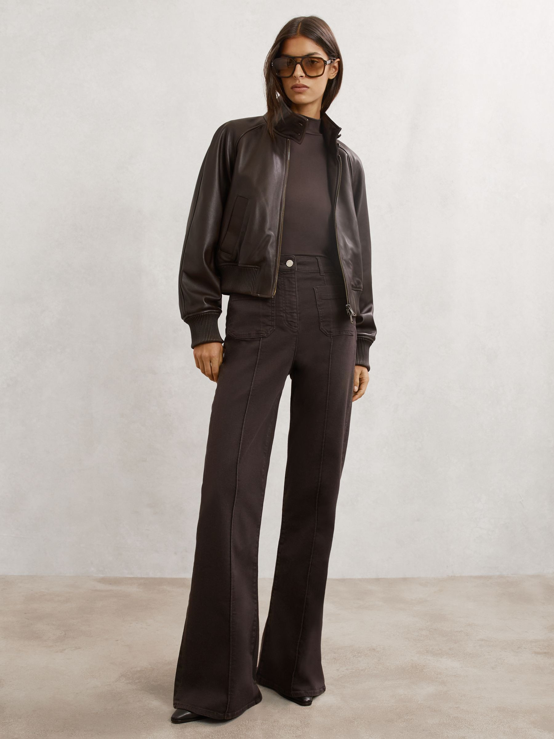 Reiss Leather Funnel-Neck Bomber Jacket in Chocolate Brown - REISS | Reiss UK