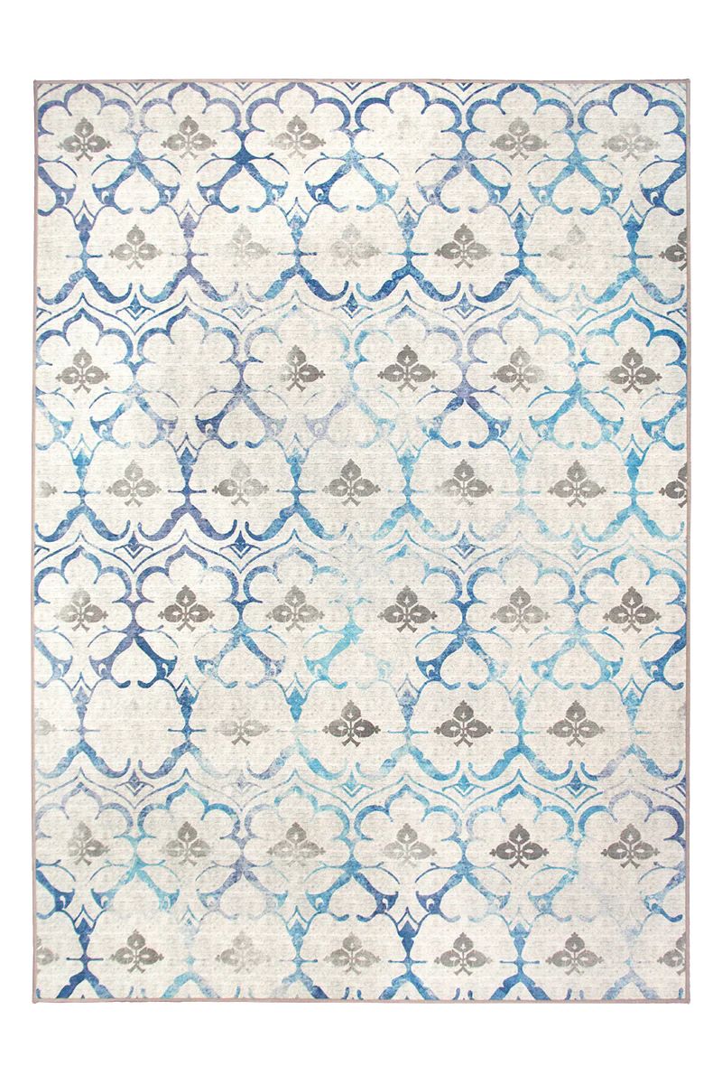 Leilani Damask Beige Blue Washable Rug | My Magic Carpet