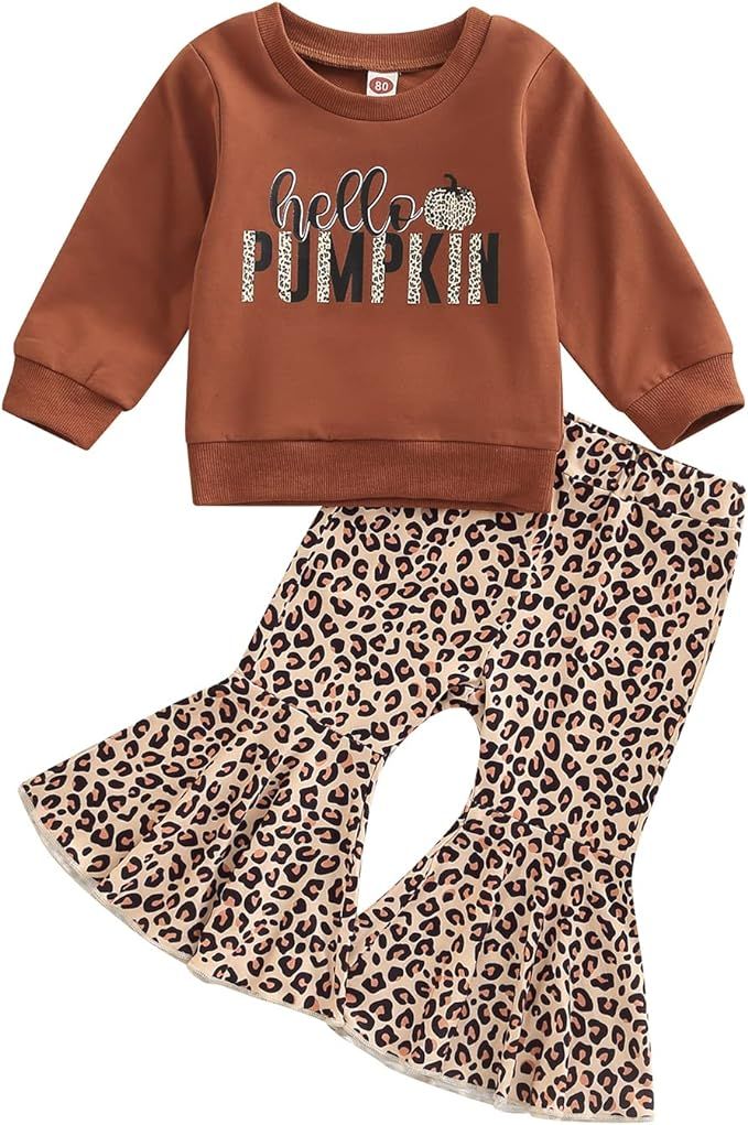 Baby Girl Bell Bottoms Halloween Clothes Set Letters Pumpkin Printed Long Sleeve Sweashirt Tops +... | Amazon (US)