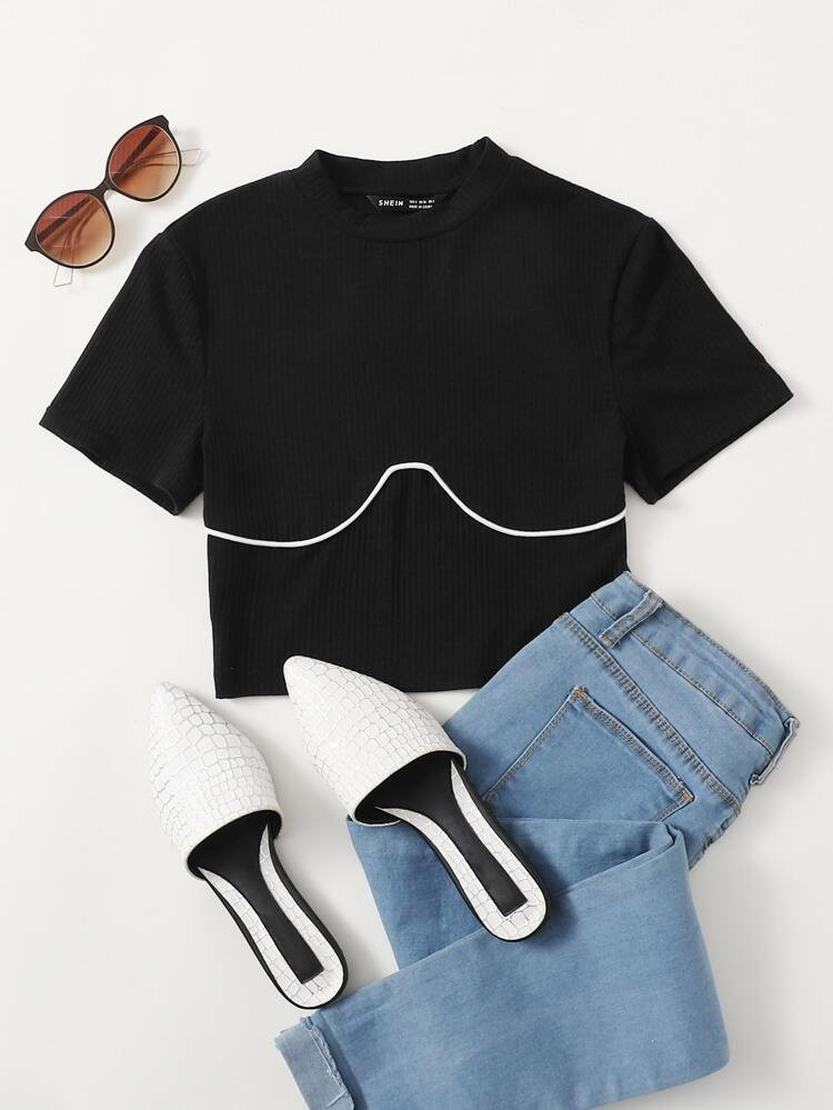 SHEIN EZwear Contrast Piping Rib-knit Top | SHEIN