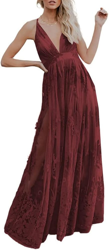 Dokotoo Womens 2023 Formal Dresses Plunging V-Neck Embroidered Floral Lace Mesh Velvet Maxi Dress | Amazon (US)