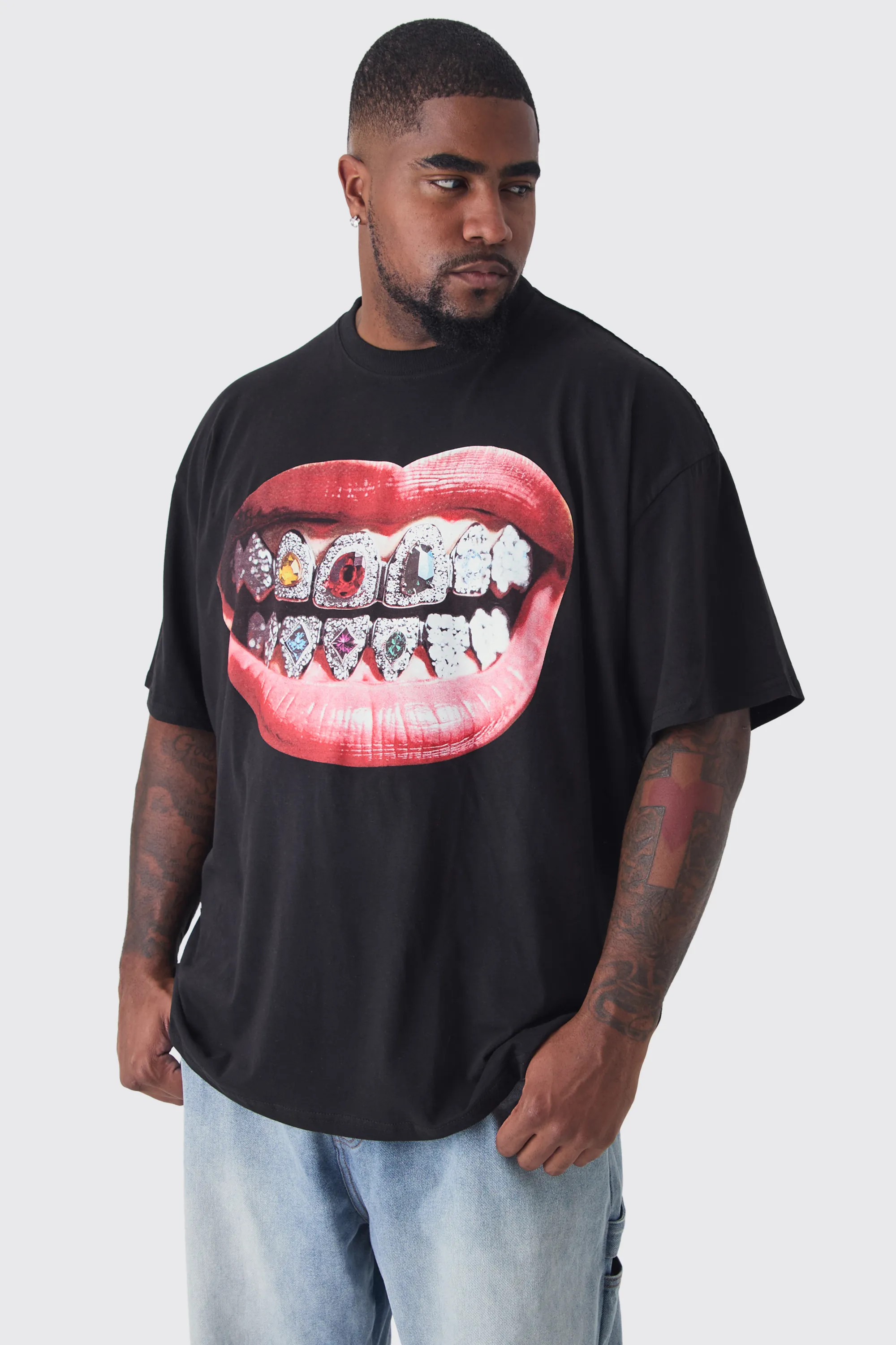 T-Shirts | Plus Grills Print Oversized T-shirt in Black | boohooMAN | Boohoo.com (UK & IE)