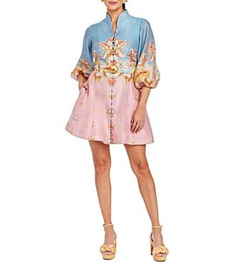 Mestiza New York Valencia Linen Blend Placement Print Mandarin Collar 34 Balloon Sleeve Fit Flare Mini Dress - 12 | Dillard's