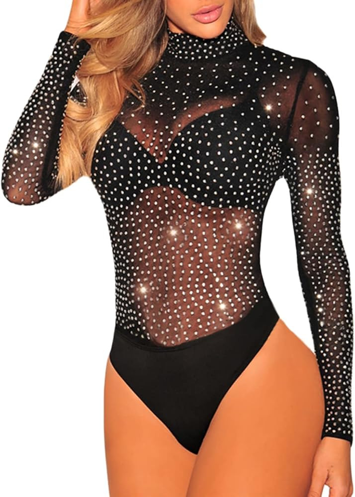 Lrady Women's Sheer Mesh Rhinestone Bodysuit See Through Sparkle Long Sleeve/Short Sleeve Body Su... | Amazon (US)