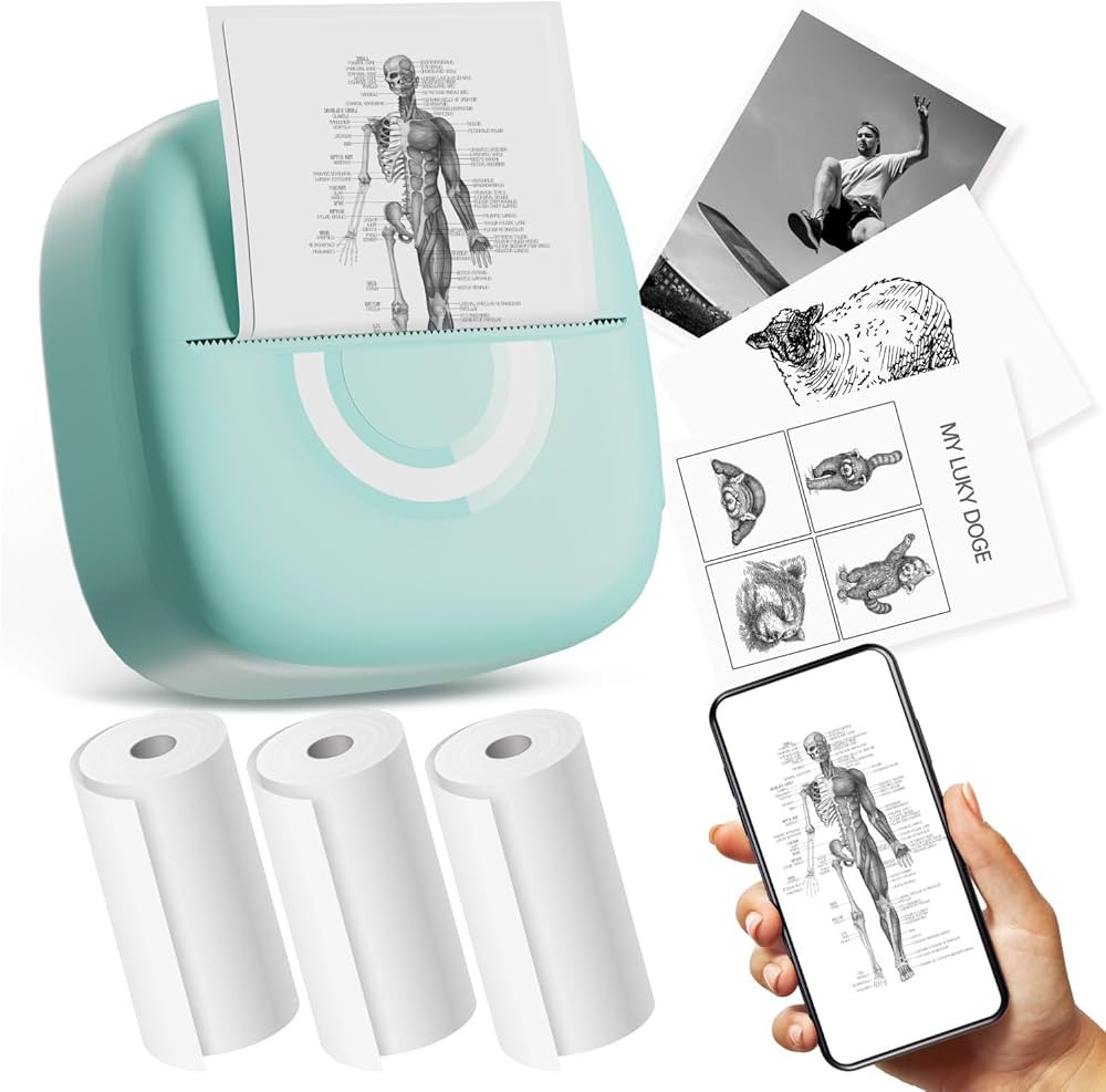 Mini Printer Sticker Thermal Printer with 3 Rolls Paper, Bluetooth Portable Phone Printer,Study P... | Amazon (US)