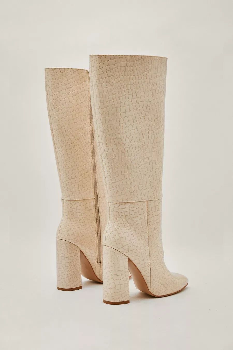 Faux Leather Croc Knee High Pointed Boots | Nasty Gal (US)
