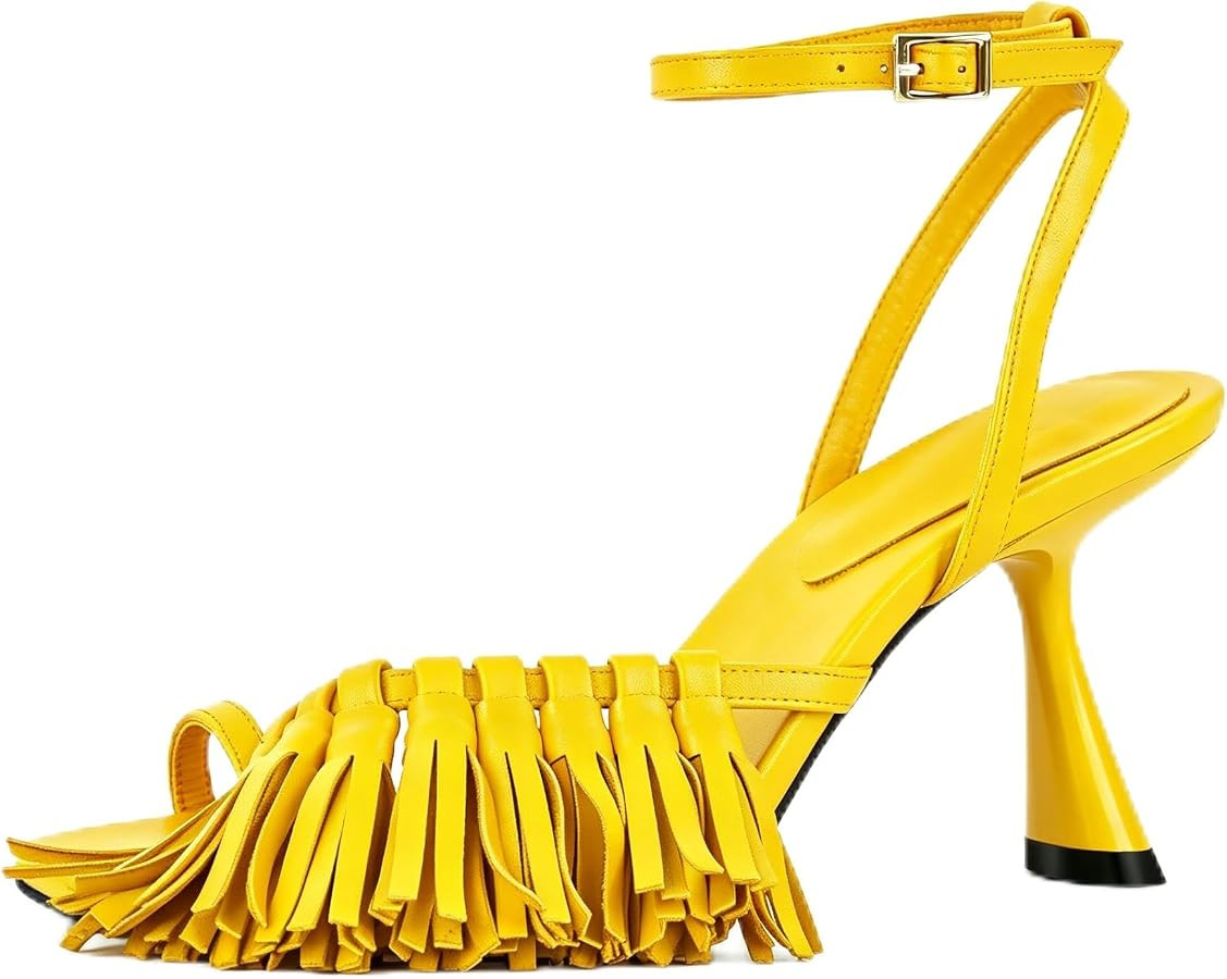 Richealnana Women's Fringe Toe Ring Ankle Strap Sandals Square Toe Tassel Shoes For Party Prom | Amazon (US)