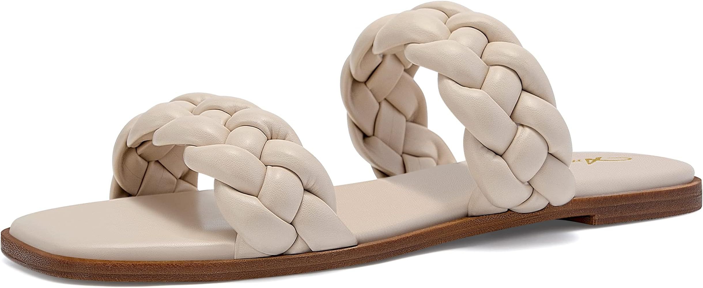 Athlefit Women's Braided Flat Sandals Square Open Toe Slip On Slides Woven Sandals | Amazon (US)
