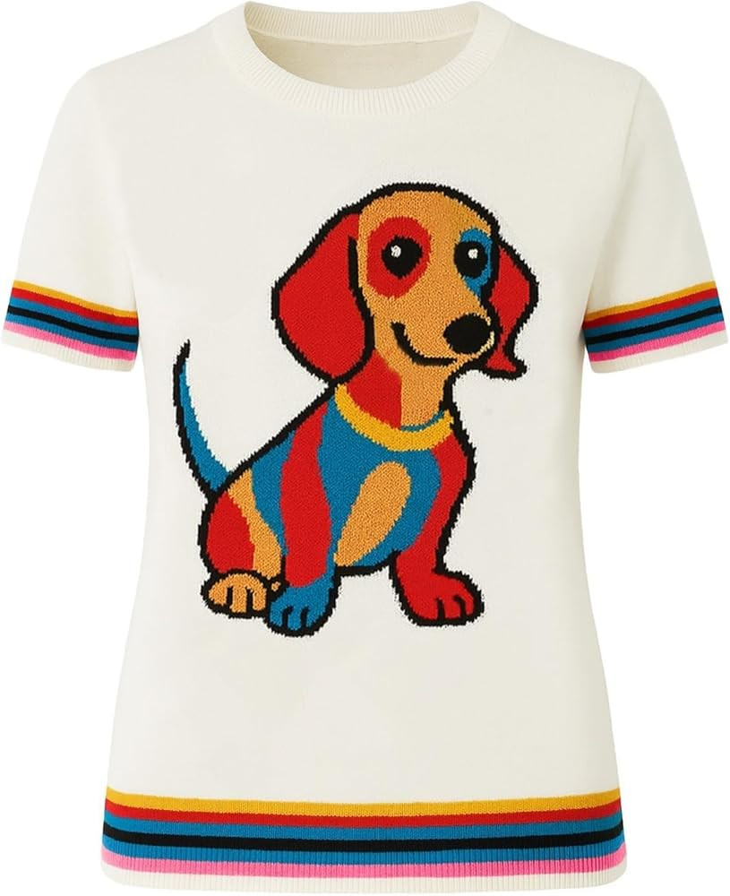 OXKNIT Women's Knitted T-Shirt, Retro Embroidered Dachshund Pattern White Crewneck Cotton Short S... | Amazon (US)