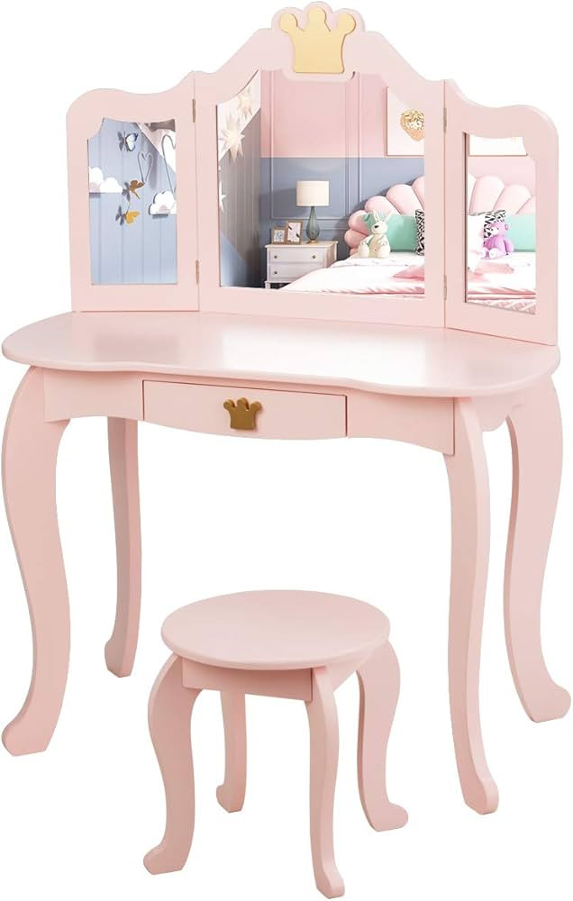 Costzon Kids Vanity Table and Chair Set, Princess Makeup Dressing Table with Drawer & Tri-Folding... | Amazon (US)