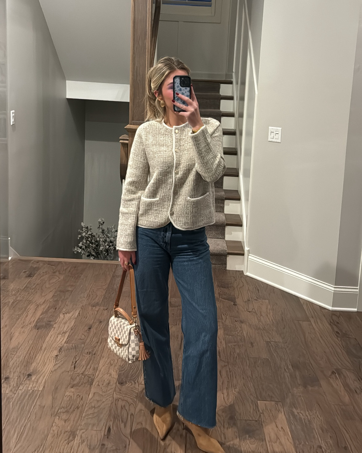 Last nights outfit for a girls night out!! Easy outfit to just throw on for some dinner and drinks✨ This sweater is my everything!! It looks like a nice expensive jacket when its really just a comfortable sweater you can throw on! I’m wearing a size medium. My purse is Louis Vuitton but I linked options I would also pair with this outfit. And my shoes are H&M but I can’t find them anymore!