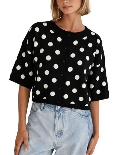 Daacee Women's Cropped Polka Dot Cardigan Casual Short Sleeve Sweater Top(0929-Black-L) | Amazon (US)