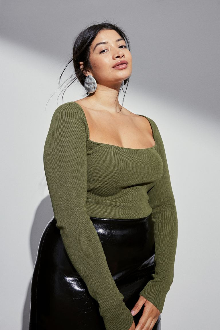 Square-neck Crop Top - Dark khaki green - Ladies | H&M US | H&M (US + CA)