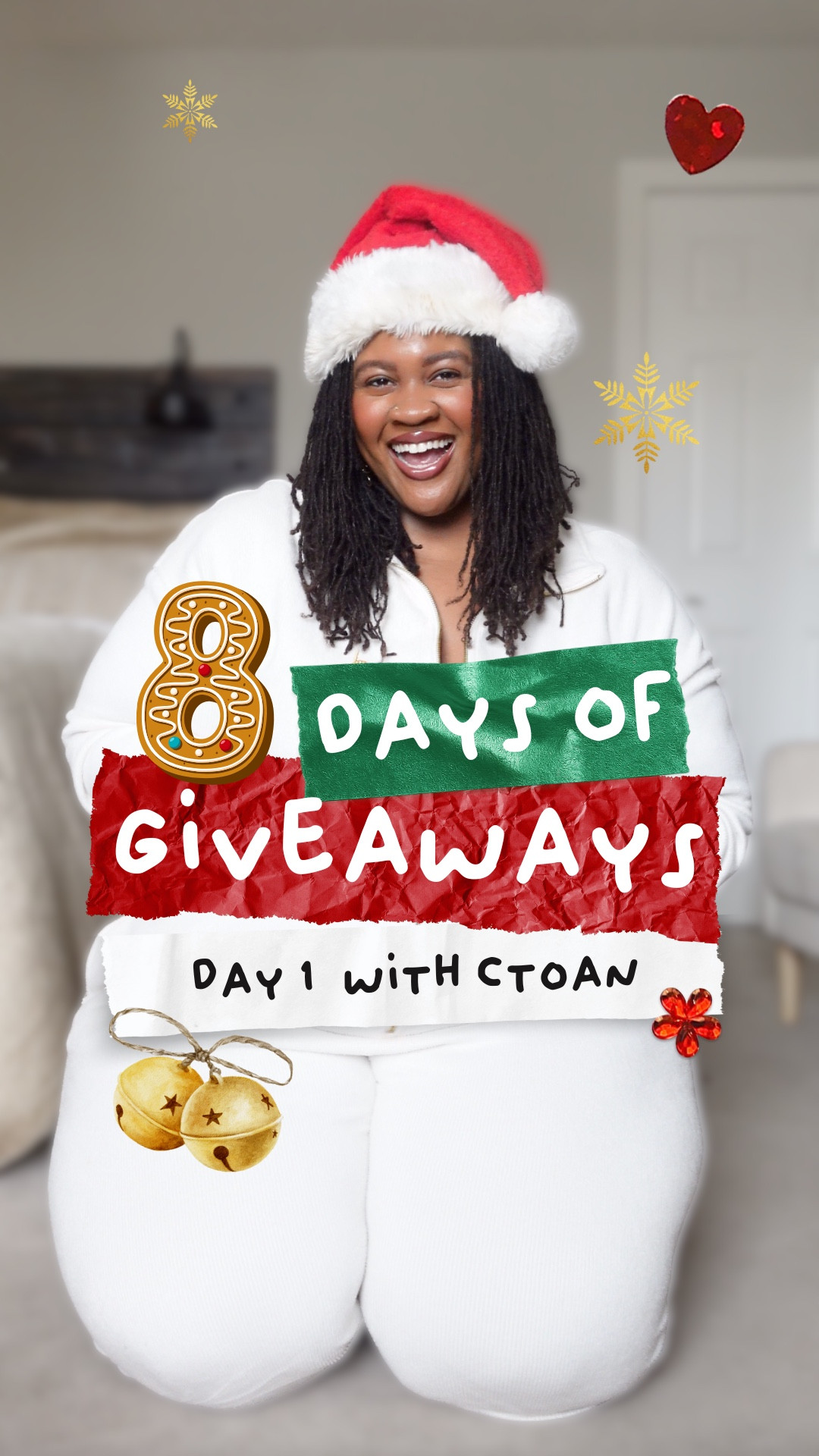 🚨 IMPORTANT: To enter, visit beacons.ai/elliemariyo This giveaway is taking place on my IG. Commenting the word to get the link 🔗 won't work on LTK 🚨 

⏰ Giveaway ends today at 11:59pm EST so act fast!
📣 Winners will be posted on IG in my Stories, my Broadcast Channel and emailed directly.

This giveaway is not sponsored, endorsed, or administered by LTK.

🛍️ I wasn't able to link to the candles here, but you can get them by visiting CTOANCO.COM. The cozy onesie is from Fabletics in a size 4X, but I have lost weight and recommend getting a 3X. 

Come back tomorrow for Day 2—you don’t want to miss it 🎁