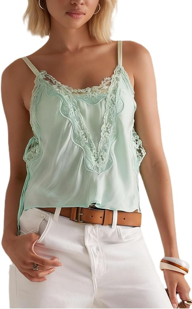Womens Lace Spaghetti Strap V Neck Satin Tank Top Beach Vacation Silk Camisole Flowy Boho Summer ... | Amazon (US)
