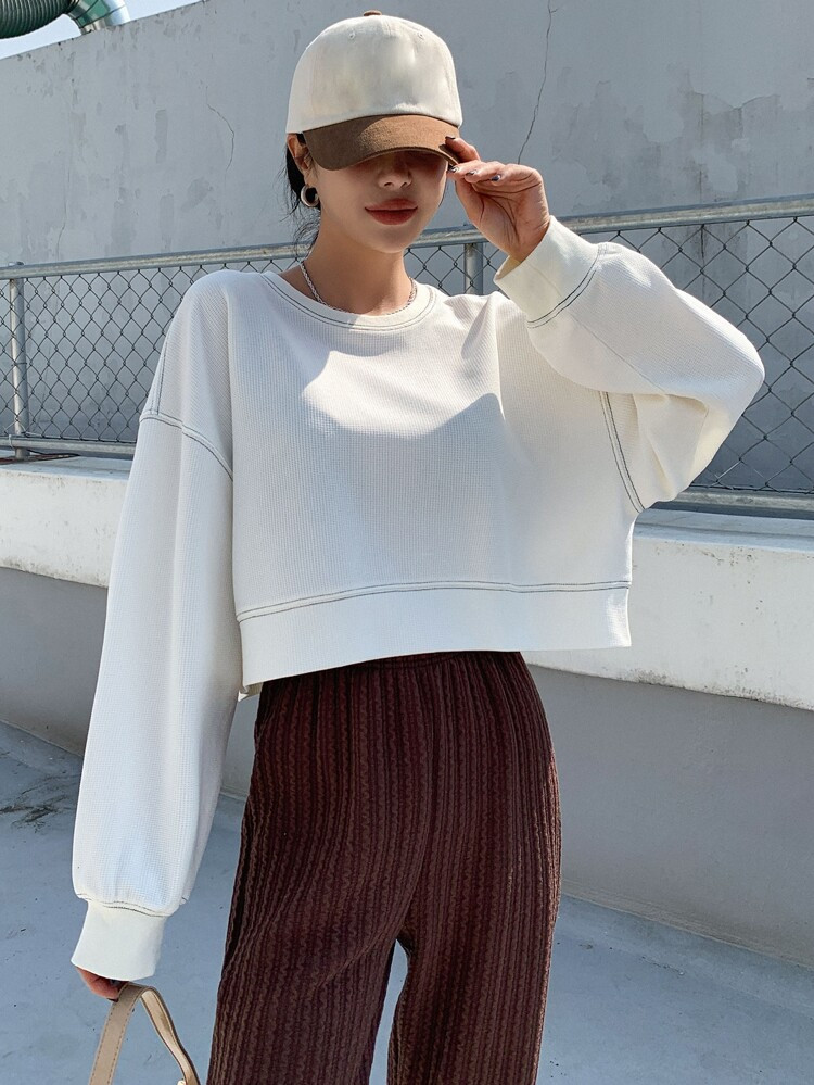 DAZY Top-stitching Drop Shoulder Pullover | SHEIN