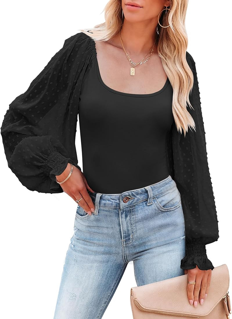 Zeagoo Women's Top Mesh Long Sleeve Shirts Casual Square Neck Polka Dot Puff Sleeve Tunic Blouse | Amazon (US)