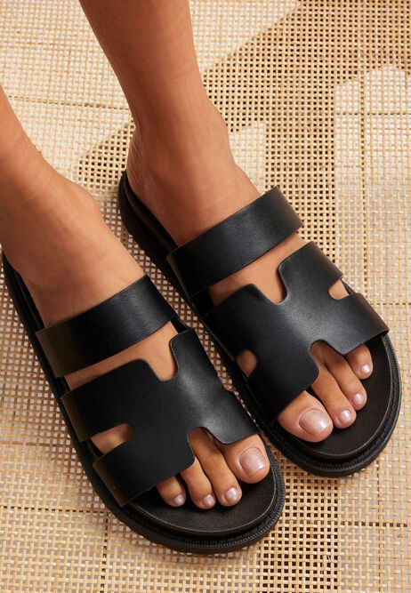 Womens Black Cut Out Strap Footbed Sandals | Peacocks