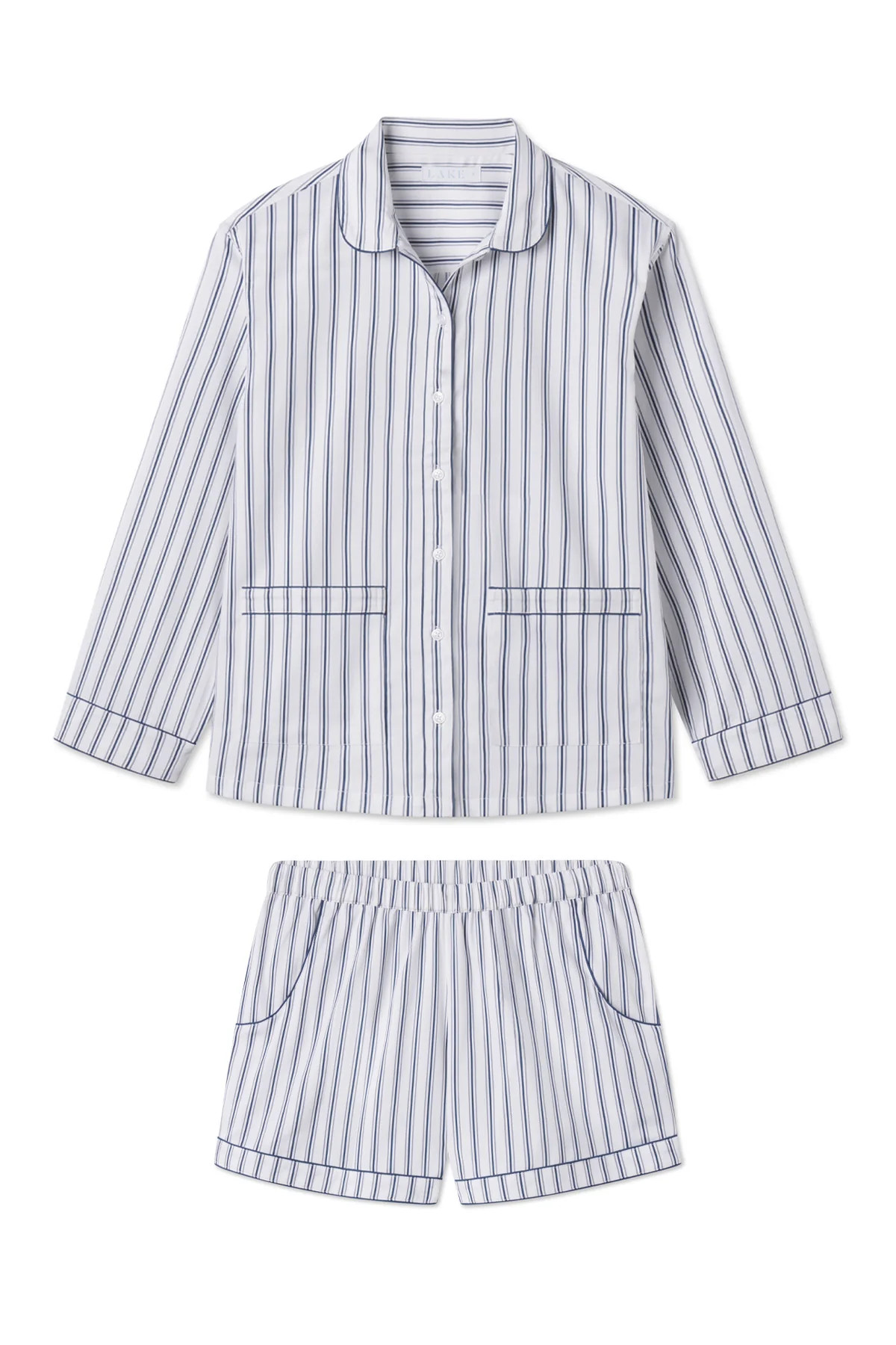 Poplin Piped Shorts Set in Navy Ticking Stripe | Lake Pajamas